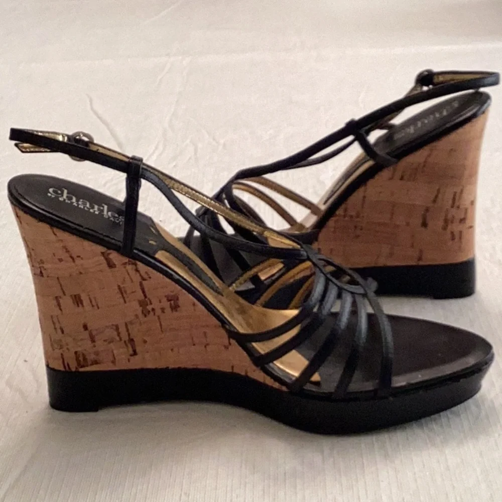 CHARLES by Charles David Cork and Black Leather Wedge Sandal. Size 8 M